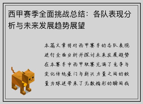 西甲赛季全面挑战总结:各队表现分析与未来发展趋势展望 西甲赛季全面挑战总结:各队表现分析与未来发展趋势展望