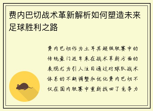 费内巴切战术革新解析如何塑造未来足球胜利之路