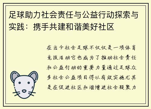足球助力社会责任与公益行动探索与实践：携手共建和谐美好社区