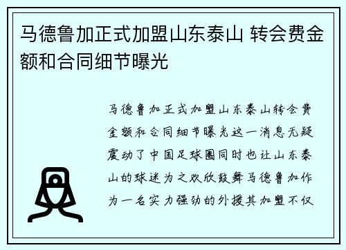 马德鲁加正式加盟山东泰山 转会费金额和合同细节曝光